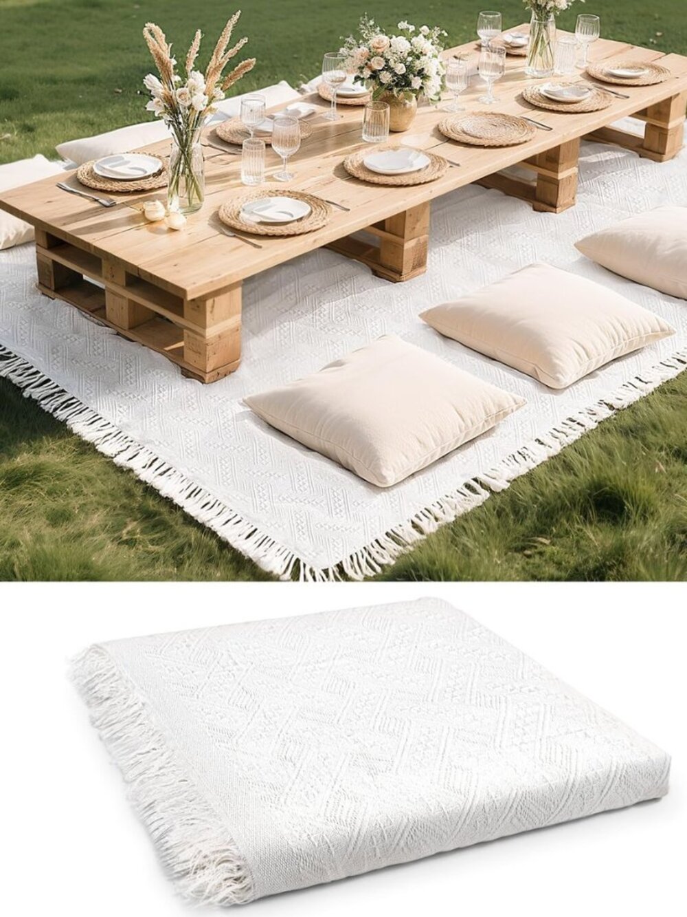 91 x 71 Extra Large White Outdoor Picnic Blanket, Woven Cotton Yarn Oversize